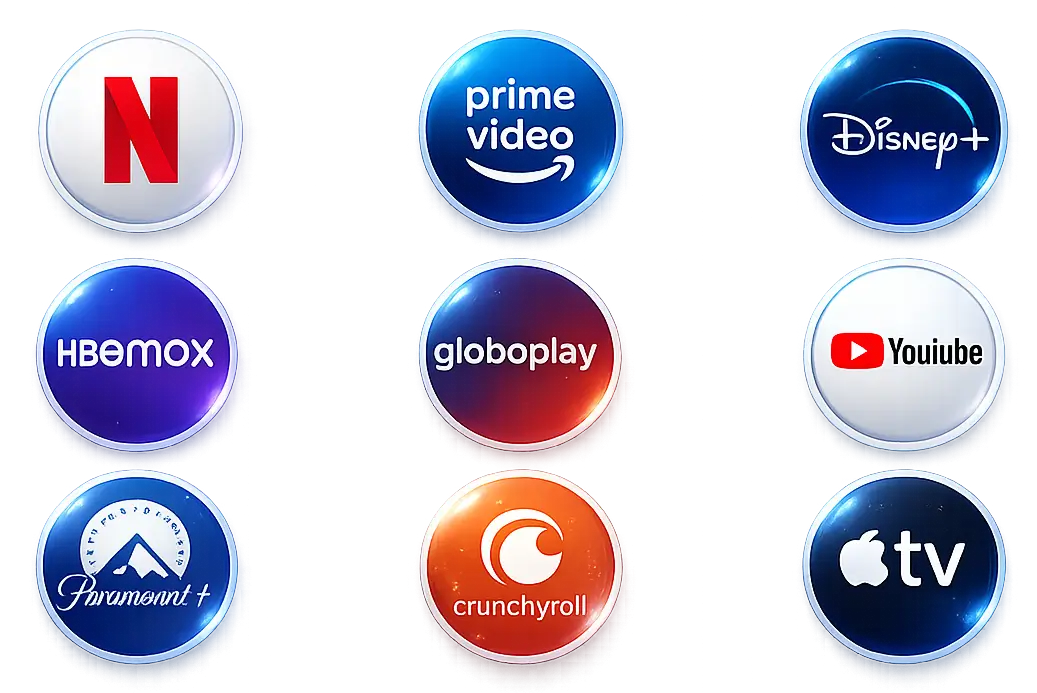 Compatível com Netflix, Prime Video, Disney+, HBO Max, Globoplay, YouTube, Paramount+, Crunchyroll e Apple TV